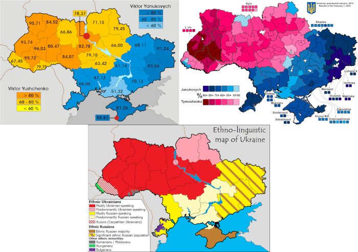 A few maps showing the divisions in Ukraine