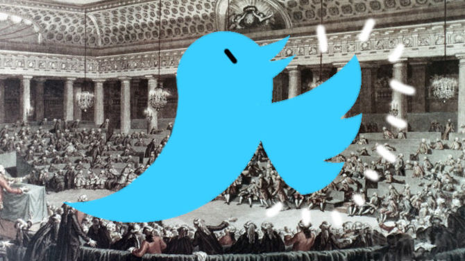 The Twitter logo slapping one side of the aisle in one of the assemblies of the French Revolution