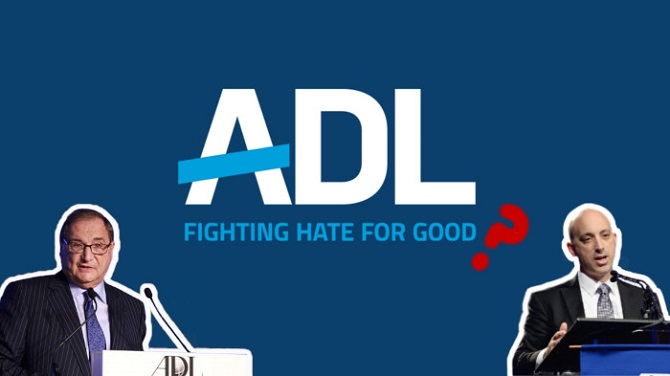 The ADL logo with current and former leaders Abe Foxman and Jonathan Greenblatt